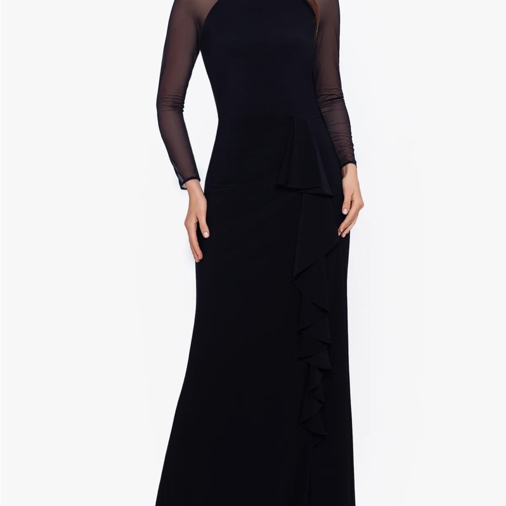 Betsy & Adam Black Sheer Sleeve Gown